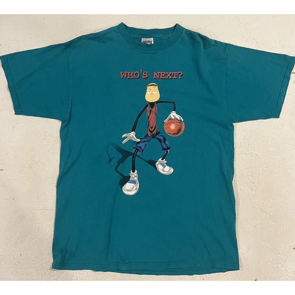 Vintage Tultex Stickman Basketball Who's Next Shirt Mens XL Teal‎ Short Sleeve